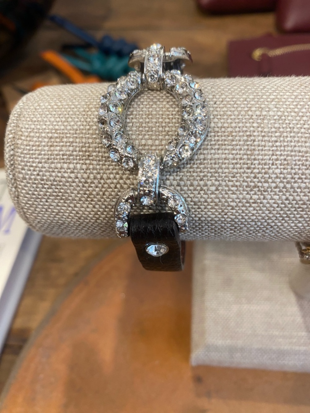 Crystal Circle Accent Black Leather Bracelet - Women's Jewelry